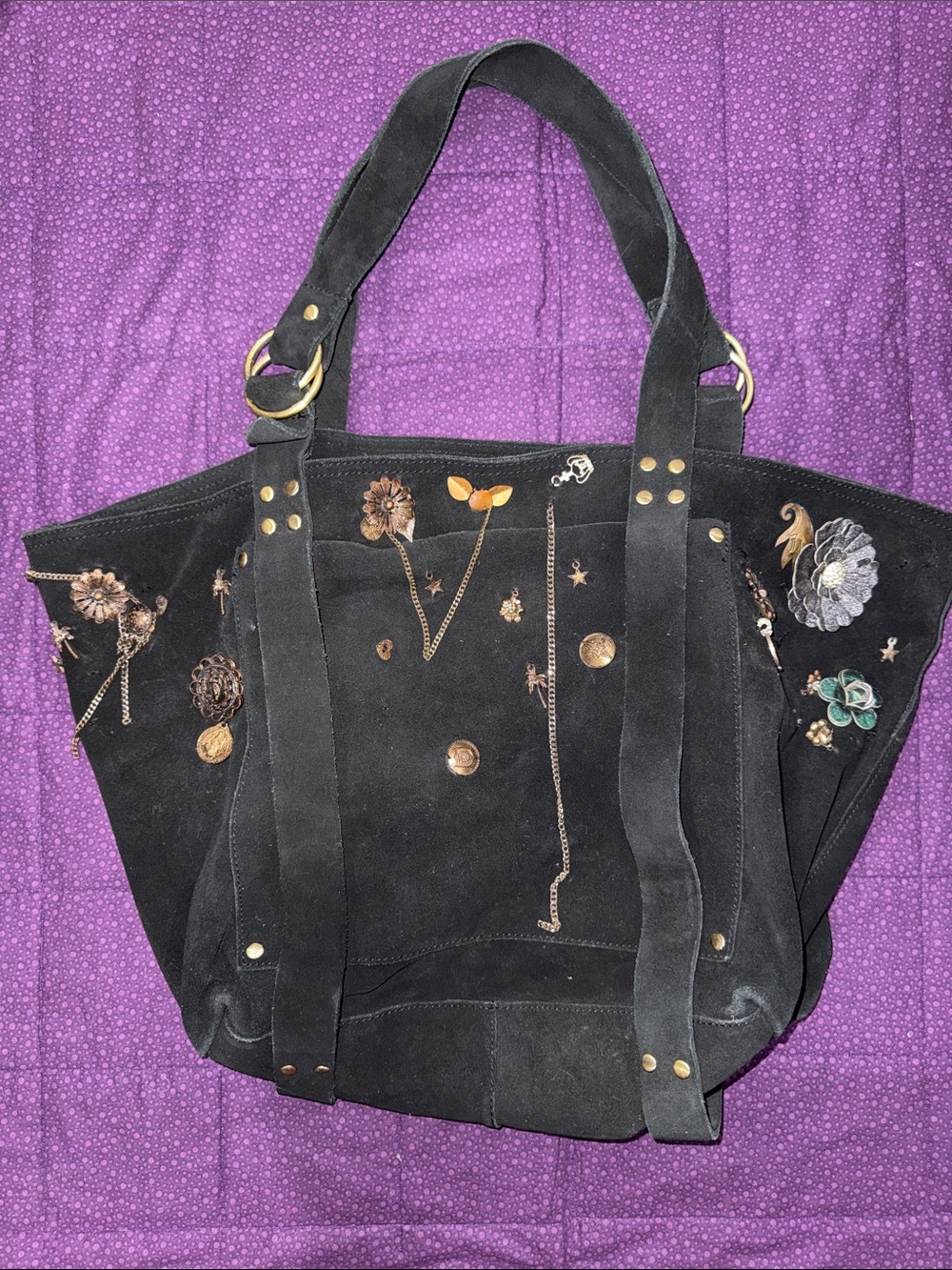 Free People Black Suede Tote with Mixed Metal Embellishments